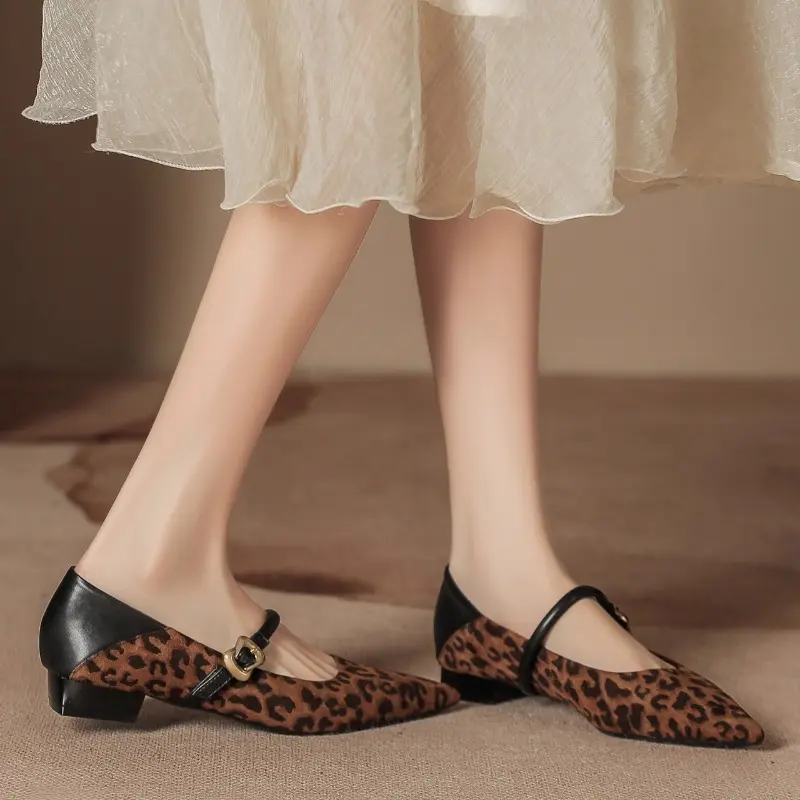 One-band Block Heel Single Shoes Autumn New Suede Leopard Print Pointed Toe Shallow Mouth Soft Sole Non-slip Kitten Heel Shoes