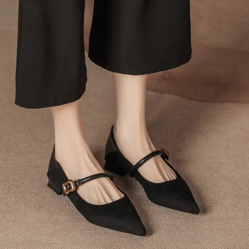 One-band Block Heel Single Shoes Autumn New Suede Leopard Print Pointed Toe Shallow Mouth Soft Sole Non-slip Kitten Heel Shoes