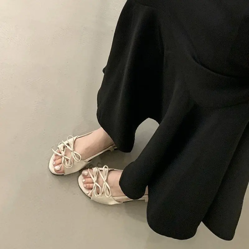 Summer New Satin Bow Open-toe Soft-sole Sandals Round Toe Outward Cut-out Breathable Non-slip Buckle Flat Heels