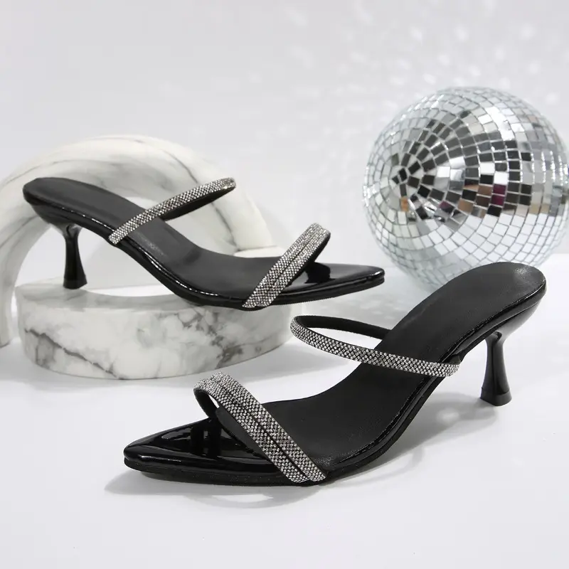 Rhinestone Slender Strap Stiletto High Heels Women's Summer New Slip Strap Anti-slip Outside Wear Cool Mopping