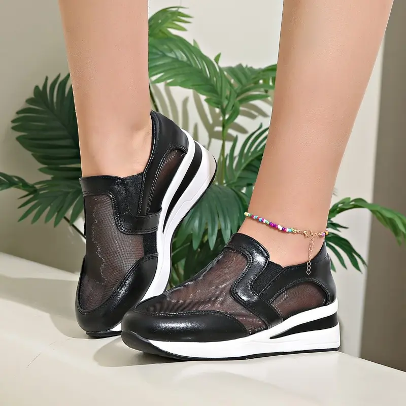 Women's Casual Sports Shoes Spring New Round Head Deep Mouth Splicing Mesh Cloth Thick Sole Non-slip Single Shoes