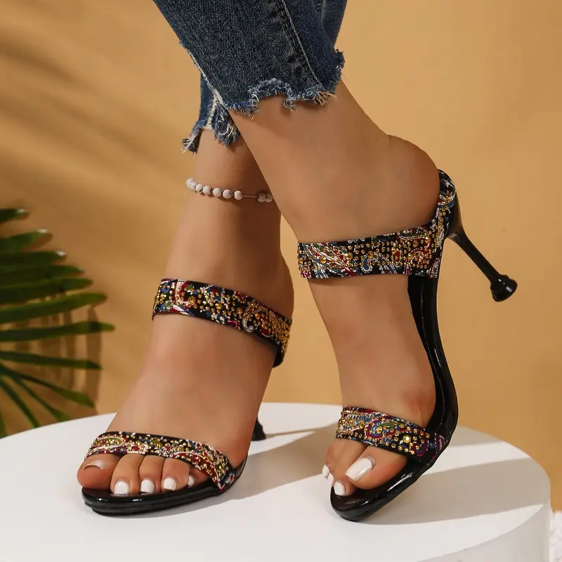 Women's Rhinestone One Word and A Half Drag Summer New Fashion Versatile Open Toe Stiletto High Heel Sandals