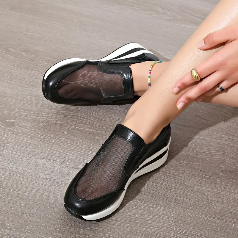 Women's Casual Sports Shoes Spring New Round Head Deep Mouth Splicing Mesh Cloth Thick Sole Non-slip Single Shoes