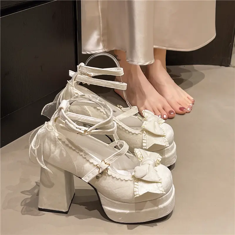Spring Chunky Single Shoes Women Fashion Square Head Shallow Mouth Waterproof Platform Butterfly Knot Non-slip High Heels