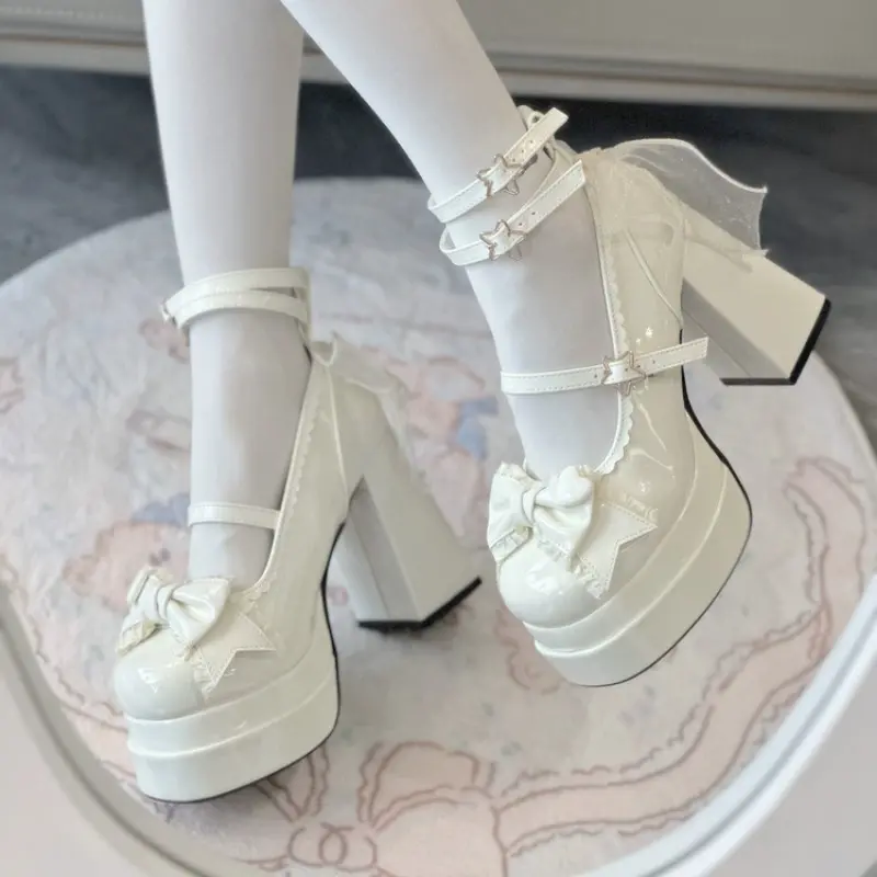 Spring Chunky Single Shoes Women Fashion Square Head Shallow Mouth Waterproof Platform Butterfly Knot Non-slip High Heels