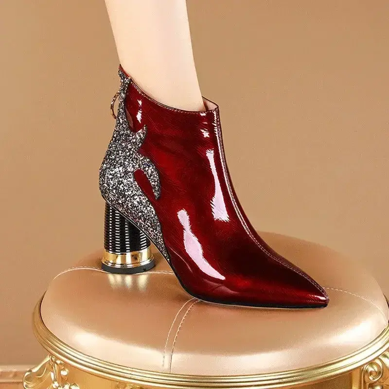 Sequin Round Heel Cotton Boots Women's Fashion Pointed Toe Rear Zipper Anti-Slip Wear-Resistant High
