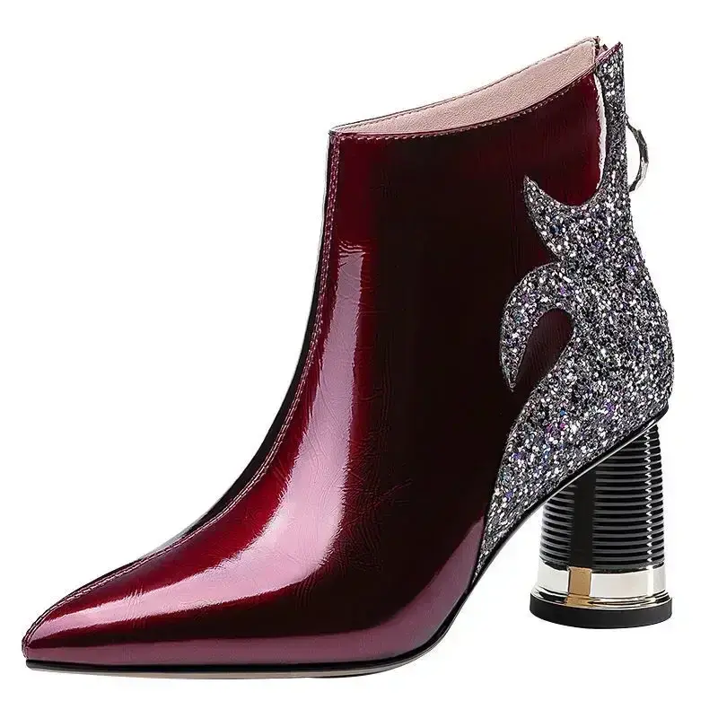 Sequin Round Heel Cotton Boots Women's Fashion Pointed Toe Rear Zipper Anti-Slip Wear-Resistant High