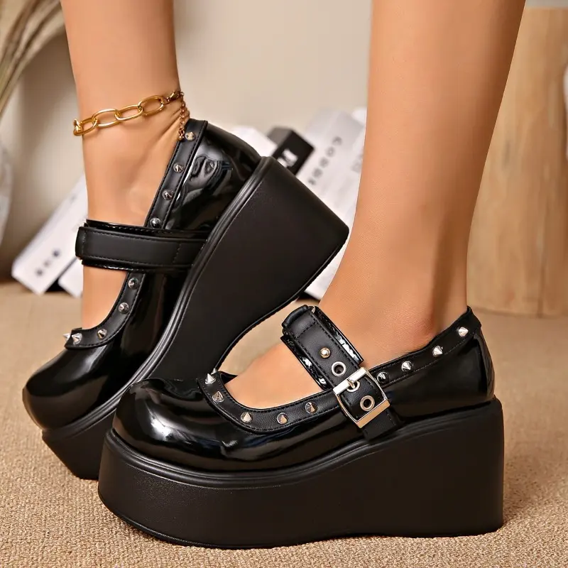Wedge Heel Mary Jane Shoes Summer New Round Toe Shallow Mouth Rivet Metal Buckle Waterproof Platform Non-slip High Heels