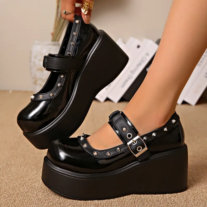 Wedge Heel Mary Jane Shoes Summer New Round Toe Shallow Mouth Rivet Metal Buckle Waterproof Platform Non-slip High Heels