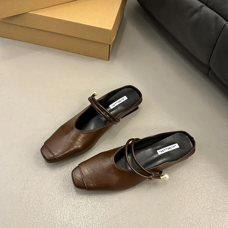 Summer New Sandals Flat Toe Half Slippers Women's Fashion Soft-soled Sandals Pearl Buckle Women's Shoes