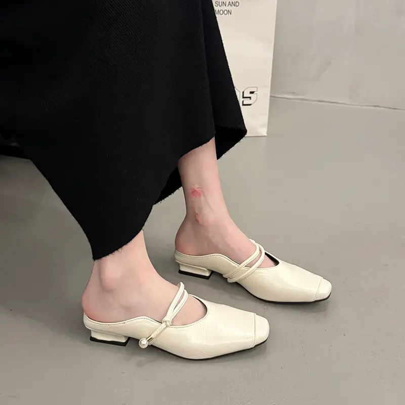 Summer New Sandals Flat Toe Half Slippers Women's Fashion Soft-soled Sandals Pearl Buckle Women's Shoes