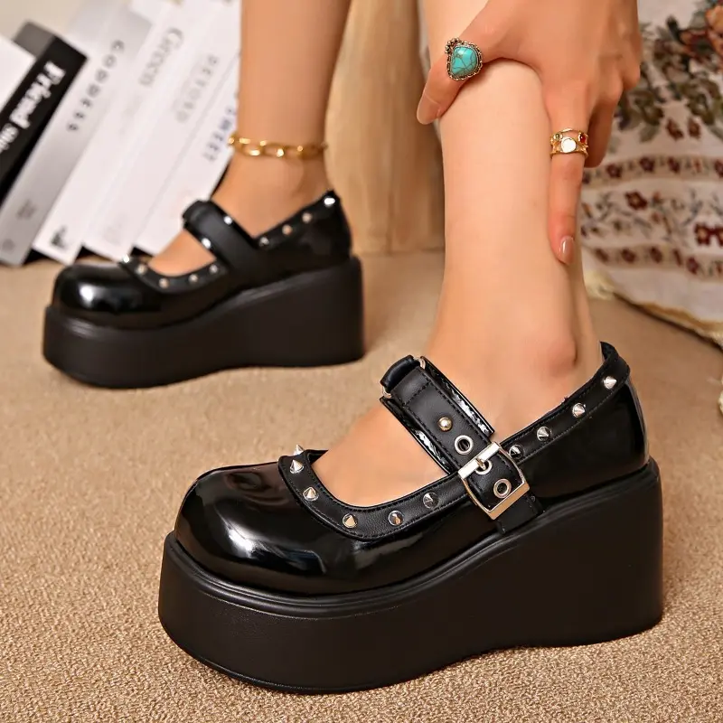 Wedge Heel Mary Jane Shoes Summer New Round Toe Shallow Mouth Rivet Metal Buckle Waterproof Platform Non-slip High Heels