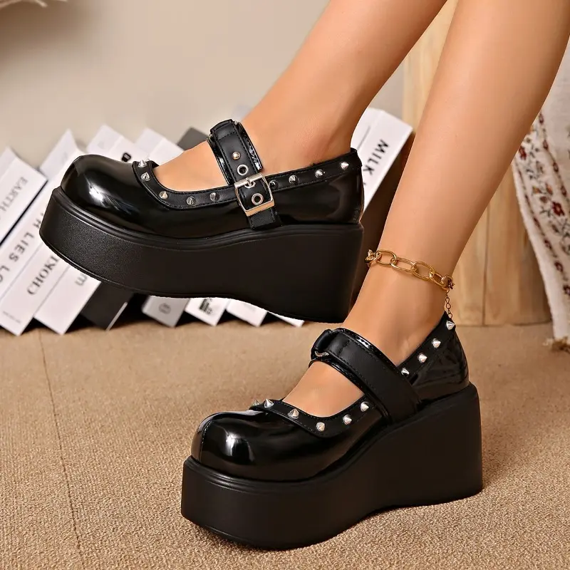 Wedge Heel Mary Jane Shoes Summer New Round Toe Shallow Mouth Rivet Metal Buckle Waterproof Platform Non-slip High Heels