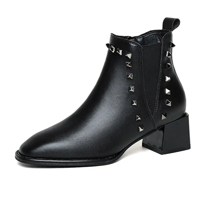 Winter New Thick Heel Cotton Boots Women Fashion Round Head Sleeve Rivet Anti-slip Wear-resistant Short Boots