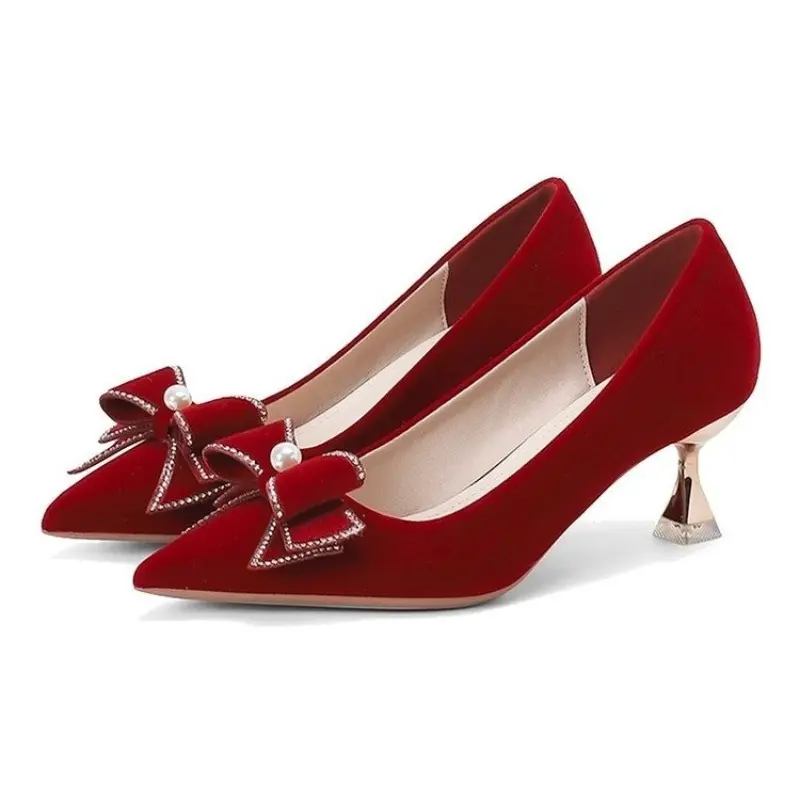 Women's Fashion Thin Heel Single Shoes Autumn New Pointed Head Shallow Mouth Suede Butterfly Knot High Heels Wedding Shoes