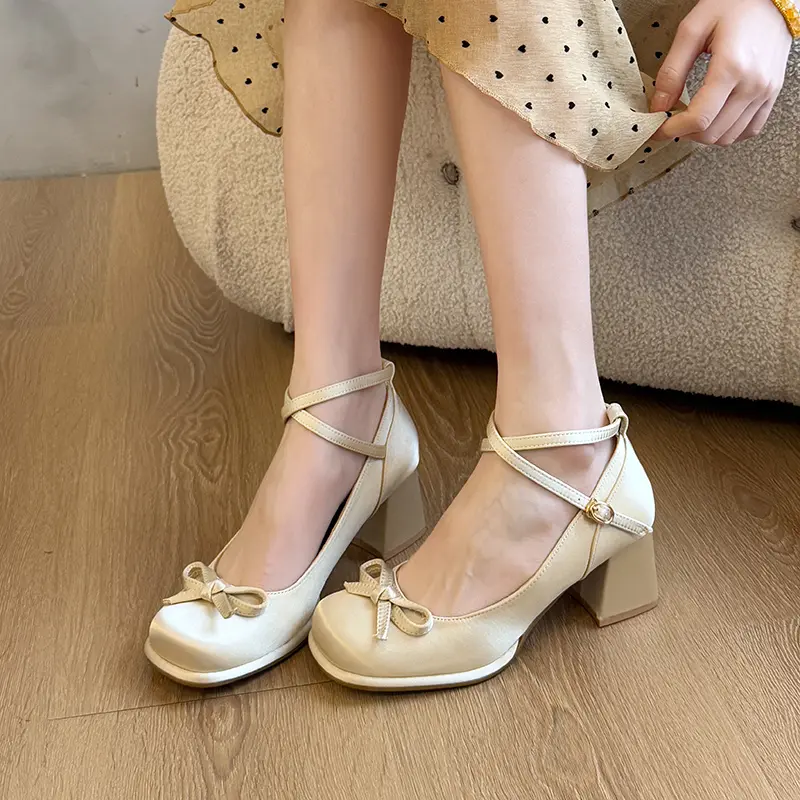 Women's Square Head Shallow Mouth Single Shoes Autumn New Butterfly Knot Anti-slip Wear-resistant Low-top High Heels