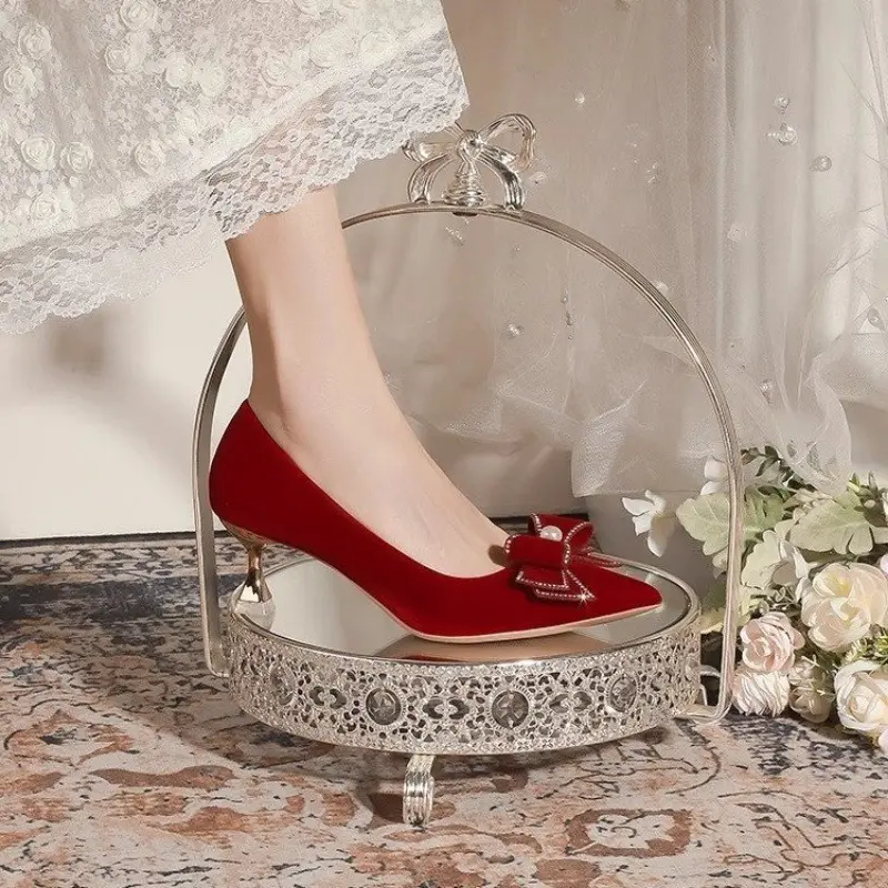 Women's Fashion Thin Heel Single Shoes Autumn New Pointed Head Shallow Mouth Suede Butterfly Knot High Heels Wedding Shoes