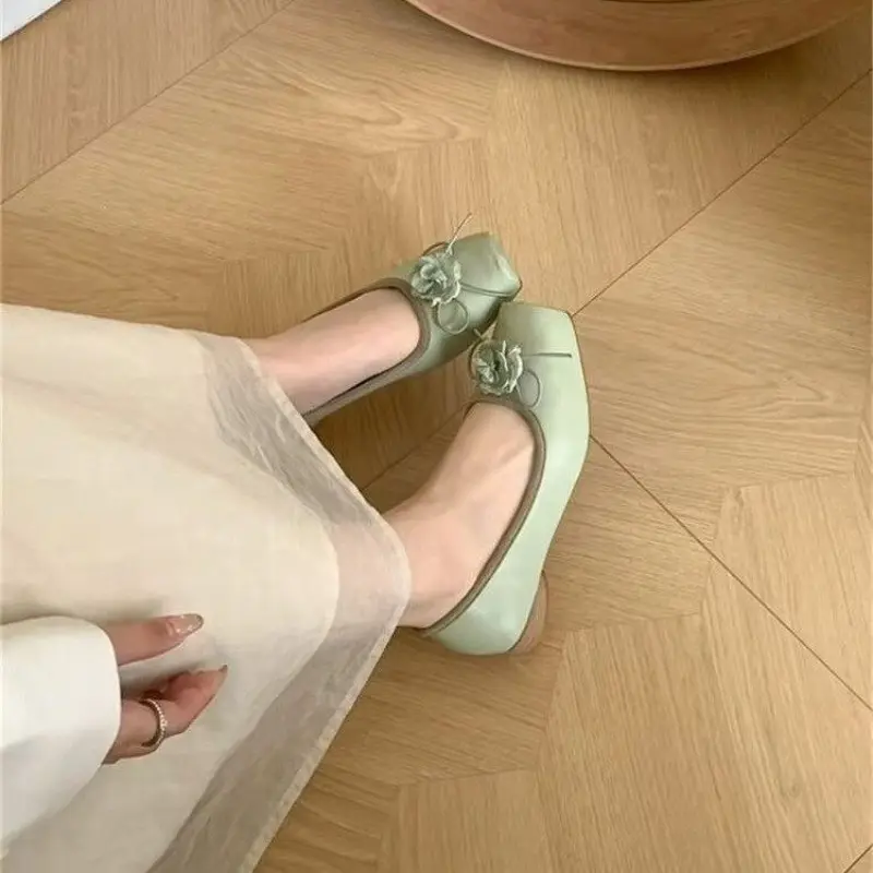 Women's Chunky Single Shoes Autumn New Square Head Shallow Mouth Flower Butterfly Knot Soft Sole Non-slip Low Top Shoes