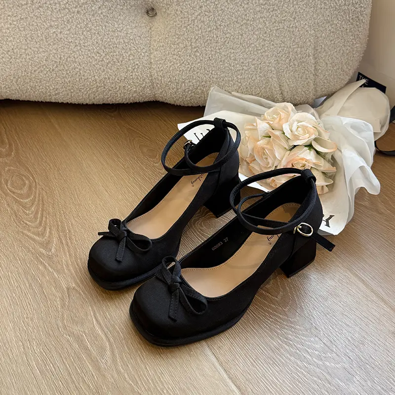 Women's Square Head Shallow Mouth Single Shoes Autumn New Butterfly Knot Anti-slip Wear-resistant Low-top High Heels