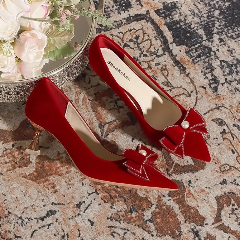Women's Fashion Thin Heel Single Shoes Autumn New Pointed Head Shallow Mouth Suede Butterfly Knot High Heels Wedding Shoes