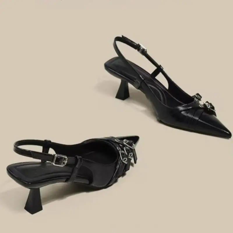Summer New Baotou Sandals Women's Fashion Pointed Head Shallow Mouth Metal Buckle A Line with Non-slip High Heels