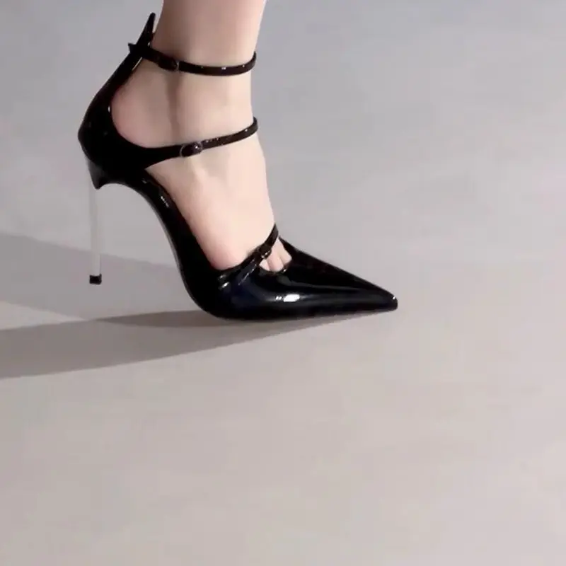 Spring New Stiletto High Heels for Women Fashion Pointed Head Shallow Mouth Metal Buckle One-line Strap Heel Sandals