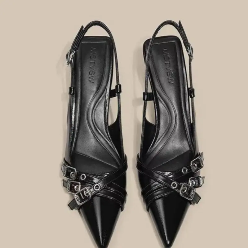 Summer New Baotou Sandals Women's Fashion Pointed Head Shallow Mouth Metal Buckle A Line with Non-slip High Heels