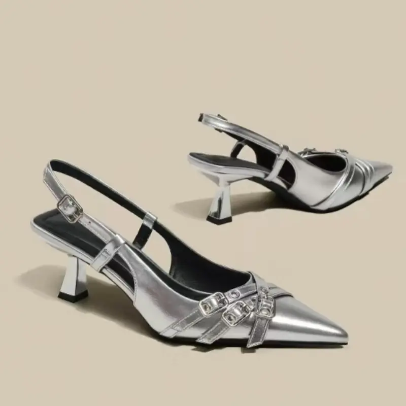 Summer New Baotou Sandals Women's Fashion Pointed Head Shallow Mouth Metal Buckle A Line with Non-slip High Heels