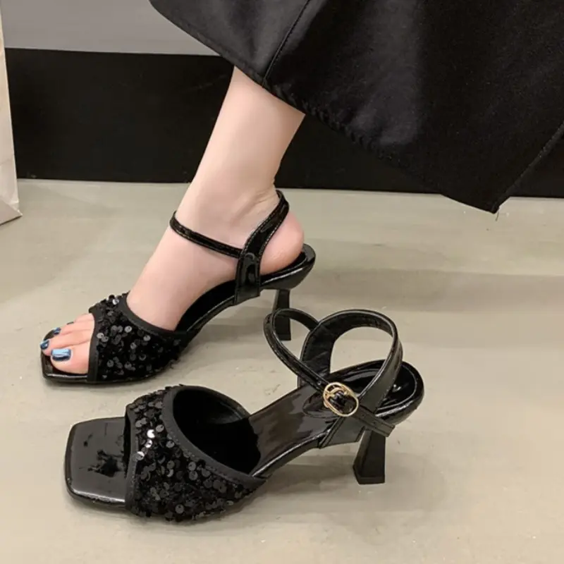Temperament Stiletto Sandals Women Summer New Square Toe Open Toe Sequin Sequin Strap Sexy Fashion High Heels