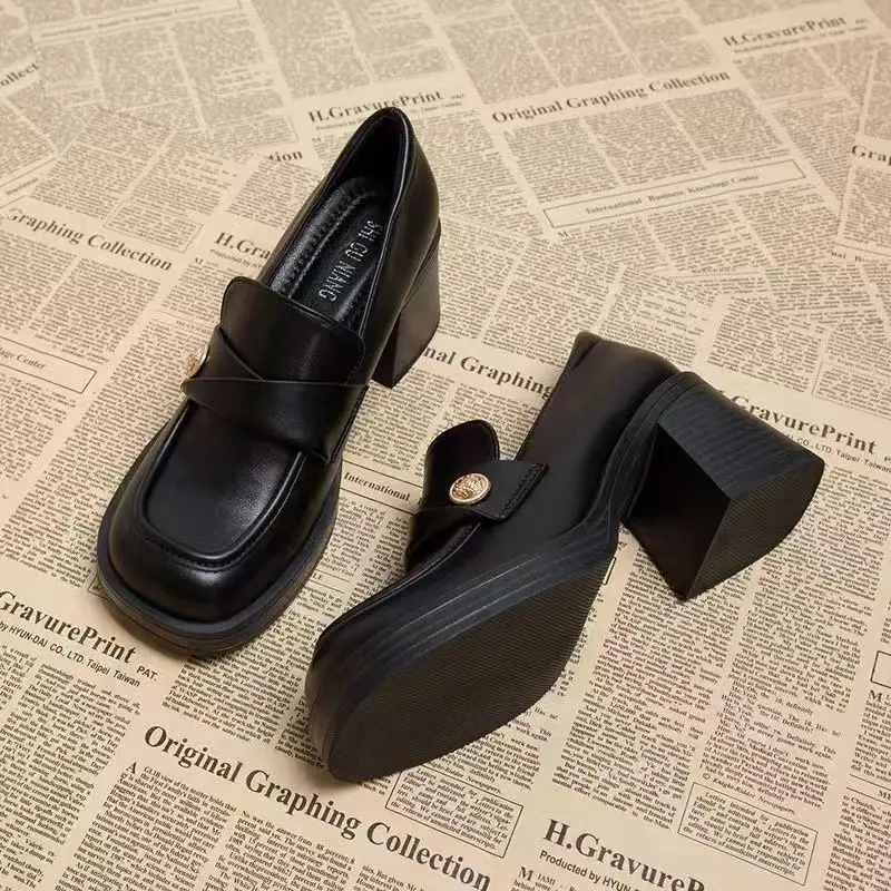 Women's Fashion Thick Heel Single Boots Fall New Square Head Deep Mouth Metal Buckle Anti-slip Wear-resistant Low-top Shoes