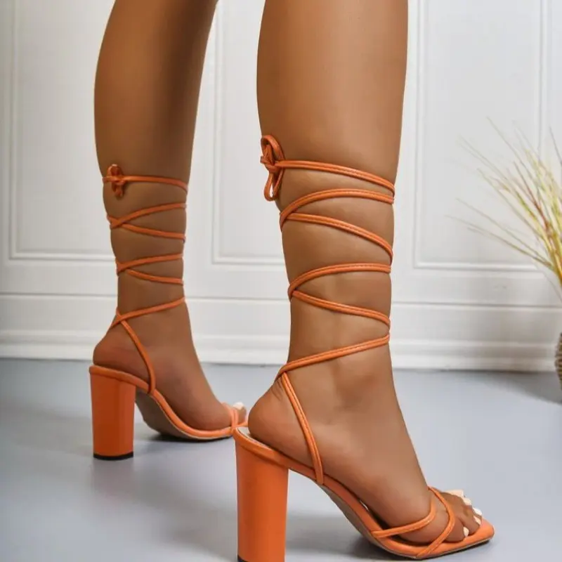 Cross Thin Strap Block Heel Sandals Women's Fashion Square Toe Open Toe Anti-slip Wear-resistant High Heels