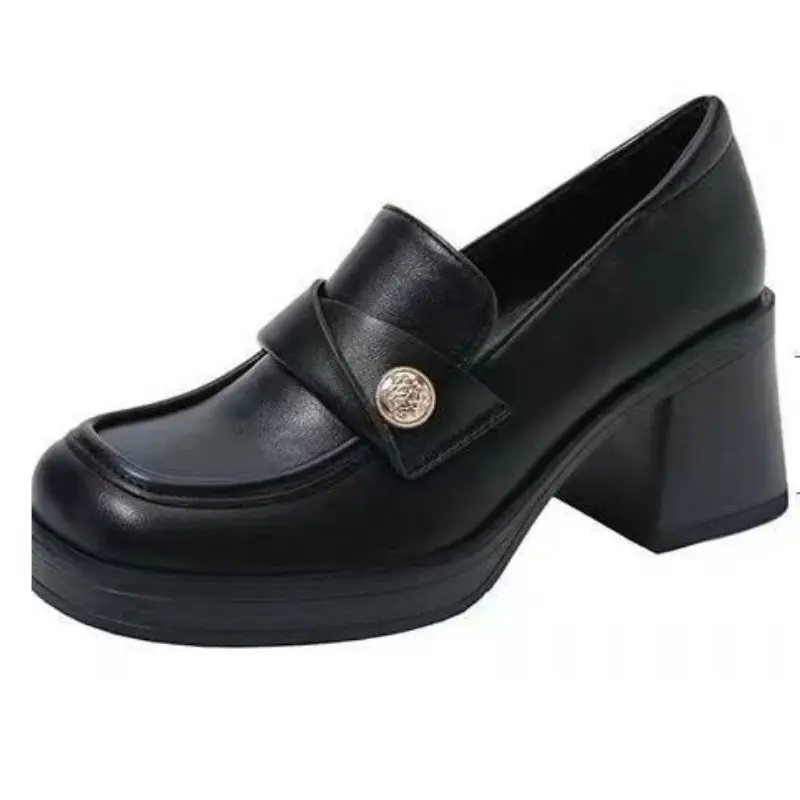 Women's Fashion Thick Heel Single Boots Fall New Square Head Deep Mouth Metal Buckle Anti-slip Wear-resistant Low-top Shoes