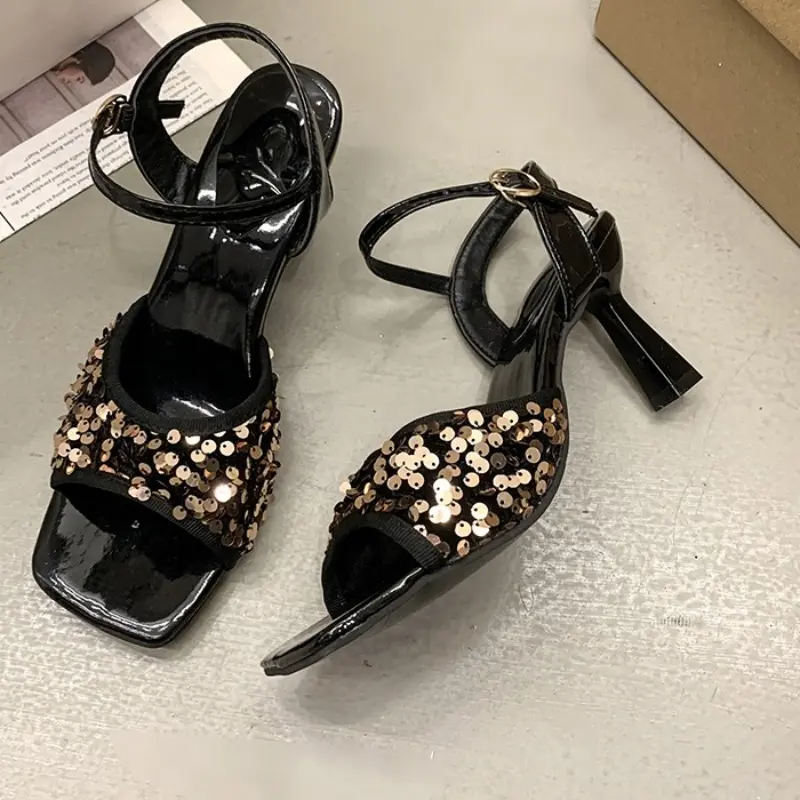 Temperament Stiletto Sandals Women Summer New Square Toe Open Toe Sequin Sequin Strap Sexy Fashion High Heels
