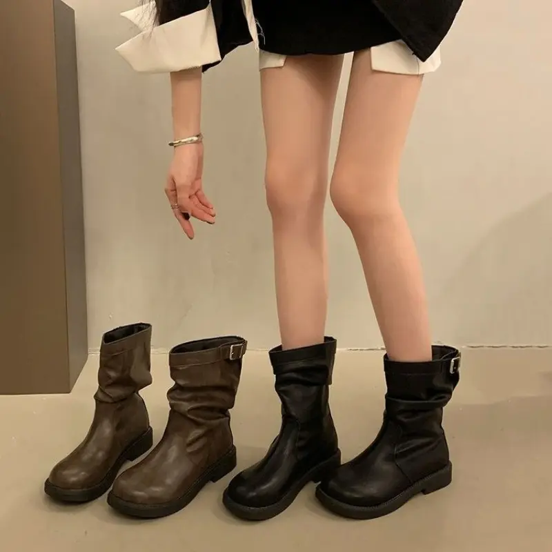 Fall New Block Heel Single Boots Women's Fashion Round Toe Sleeve Metal Belt Buckle Soft Sole Non-slip Mid-leg Boots
