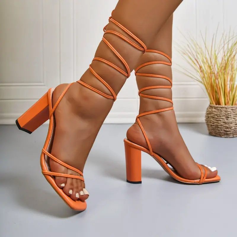 Cross Thin Strap Block Heel Sandals Women's Fashion Square Toe Open Toe Anti-slip Wear-resistant High Heels