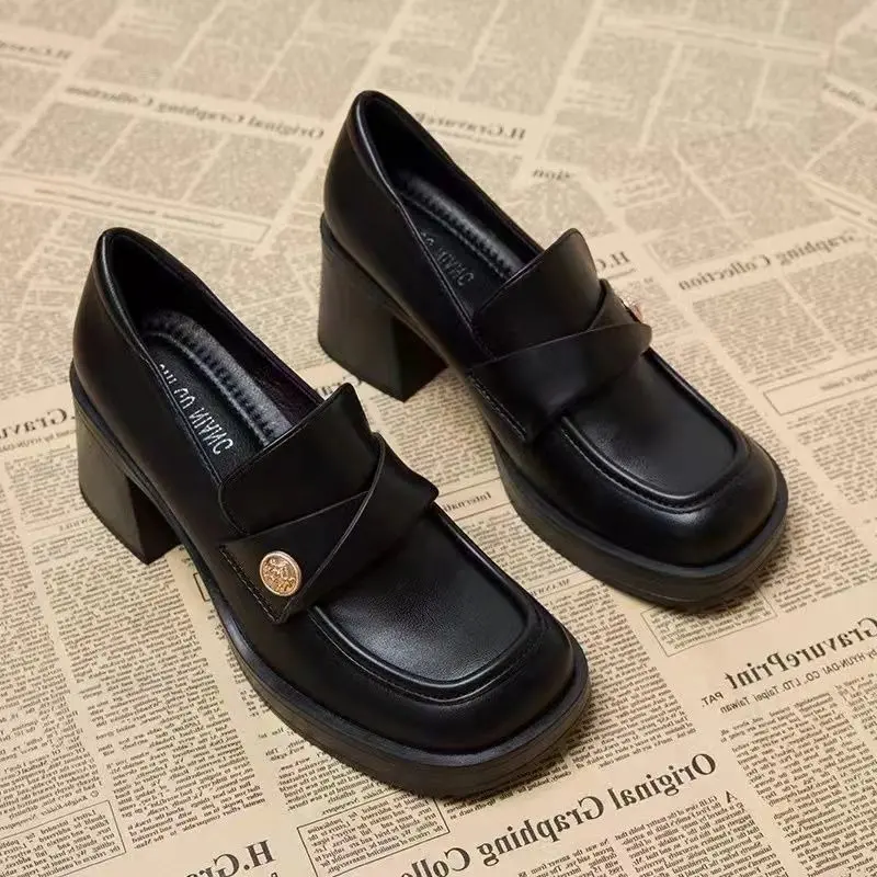 Women's Fashion Thick Heel Single Boots Fall New Square Head Deep Mouth Metal Buckle Anti-slip Wear-resistant Low-top Shoes