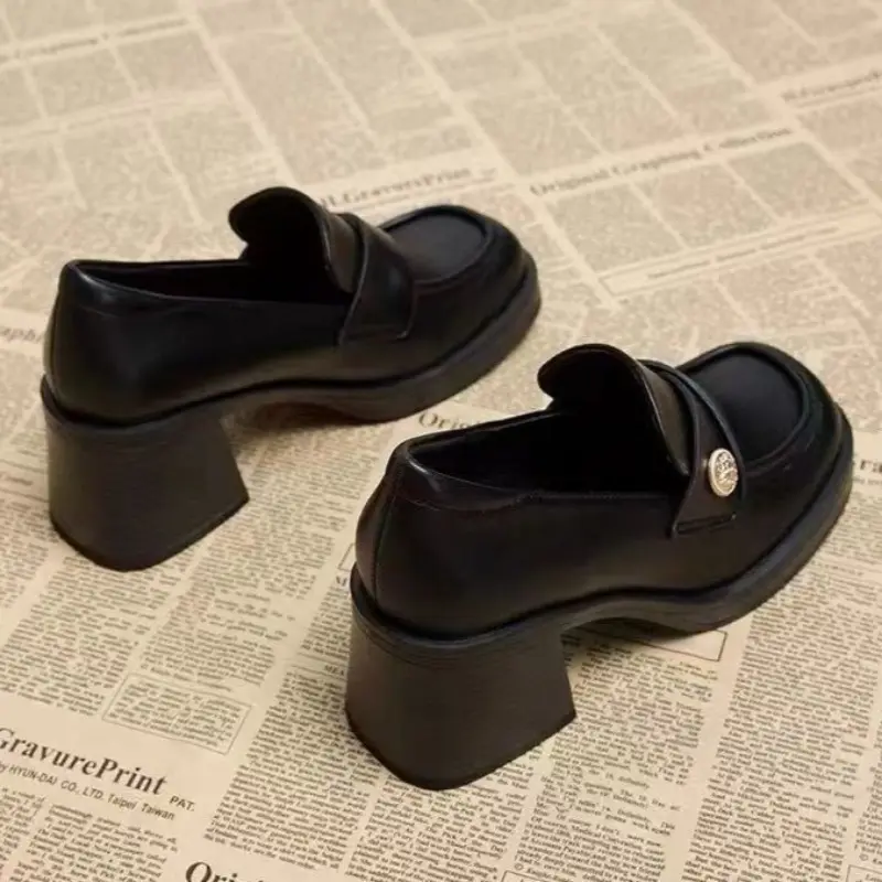 Women's Fashion Thick Heel Single Boots Fall New Square Head Deep Mouth Metal Buckle Anti-slip Wear-resistant Low-top Shoes