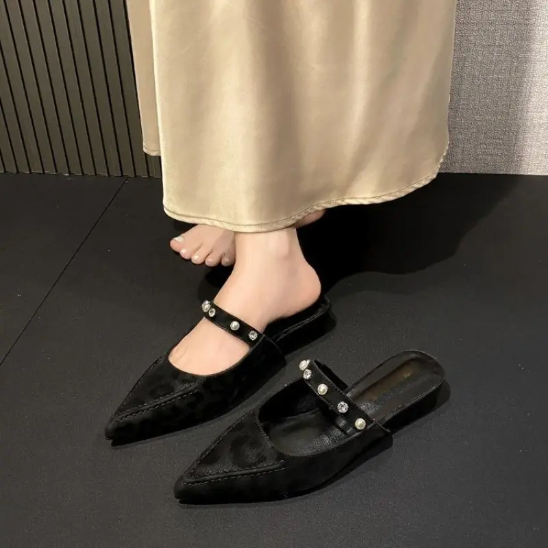 Shallow Mouth Pointed Rhinestone Straight Belt Wedge Cool Drag Autumn New Fashion Non-slip Wrapped Head Half Drag