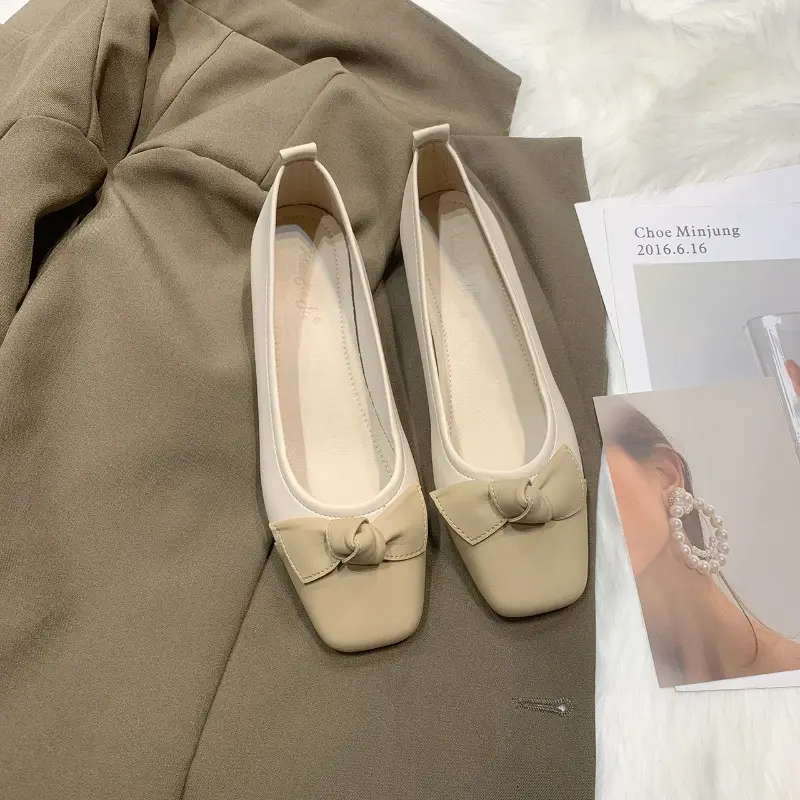 Women's Thick Heel Single Shoes Autumn New Square Head Light Mouth Matching Color Butterfly Knot Non-slip Low Top Shoes