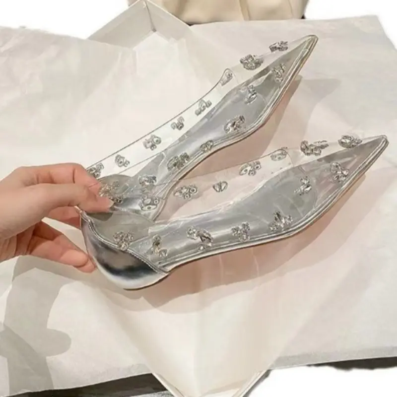 Women's Flat Shoes Spring New Pointed Head Shallow Mouth Crystal Buckle Soft Sole Anti-slip Wear-resistant Low-top Shoes