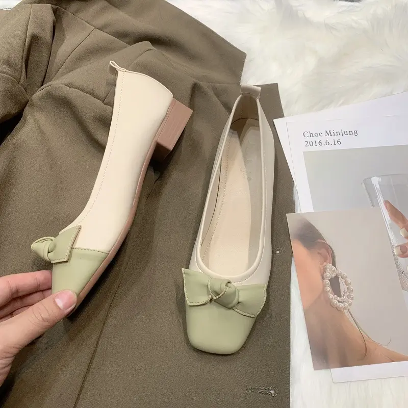 Women's Thick Heel Single Shoes Autumn New Square Head Light Mouth Matching Color Butterfly Knot Non-slip Low Top Shoes