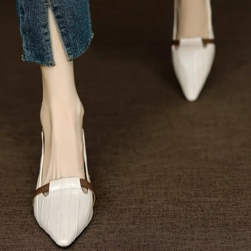 Women's Low Heel Shoes Autumn New Pointed Head Light Mouth Color Matching Slip-on Wear-resistant Low-top Shoes