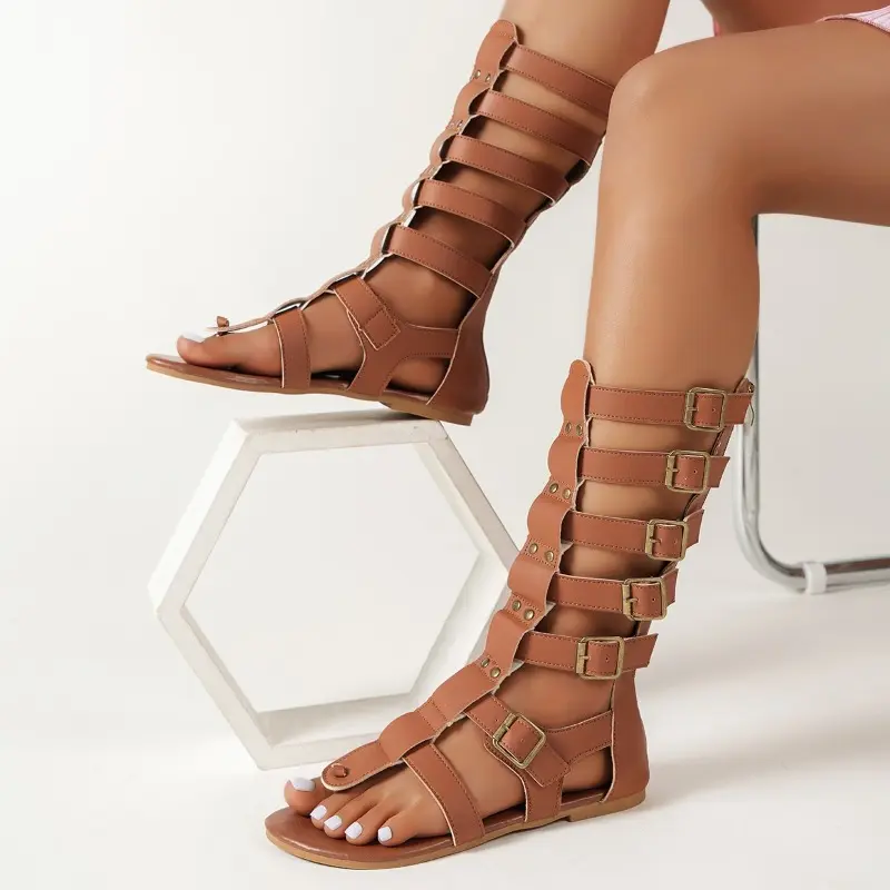 New Roman Sandals Women Summer Outside Fashion Round Toe Open Toe Cutout Metal Belt Buckle Back Zipper Tall Boots