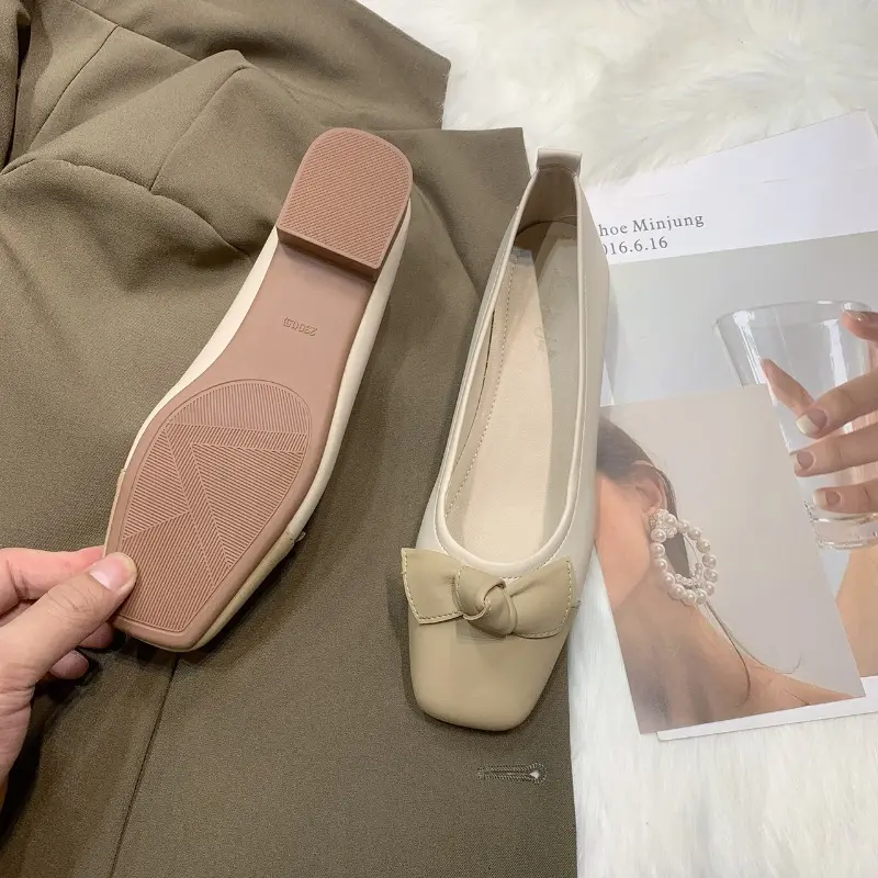 Women's Thick Heel Single Shoes Autumn New Square Head Light Mouth Matching Color Butterfly Knot Non-slip Low Top Shoes