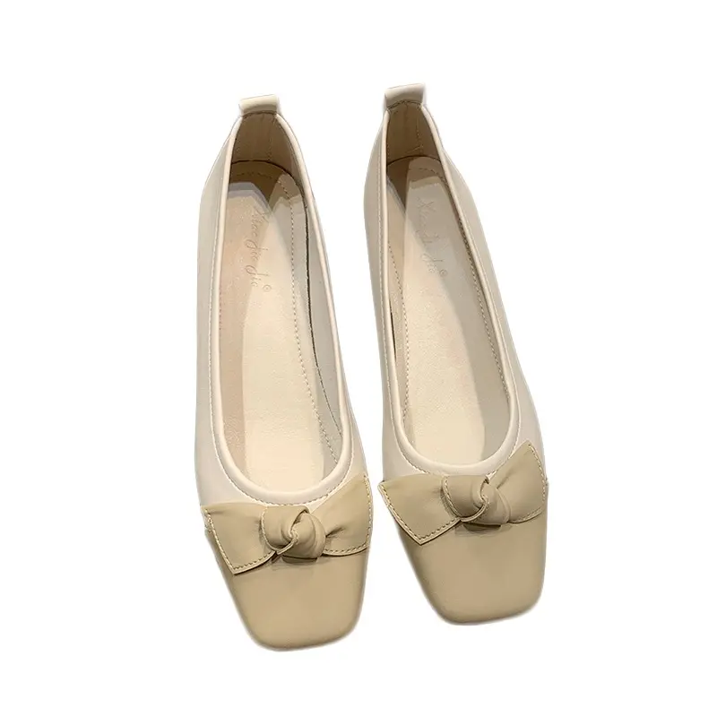Women's Thick Heel Single Shoes Autumn New Square Head Light Mouth Matching Color Butterfly Knot Non-slip Low Top Shoes