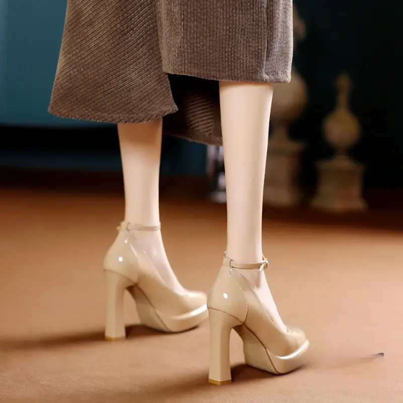 Women's Fashion Super High Heel Shoes Autumn New Square Head Shallow Mouth Waterproof Platform One Line Buckle Heels