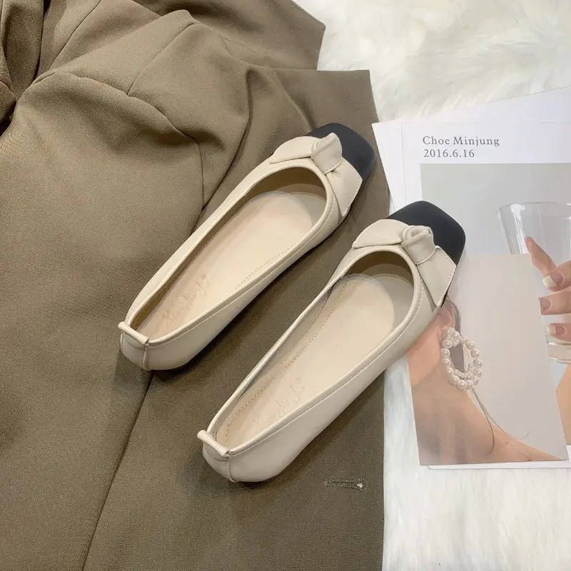 Women's Thick Heel Single Shoes Autumn New Square Head Light Mouth Matching Color Butterfly Knot Non-slip Low Top Shoes