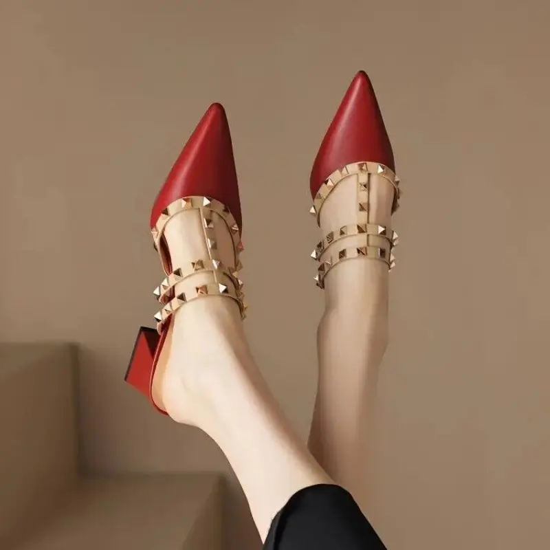 Riveted Slippers Women's Summer New Coarse Heel Pointed Half Baotou Open Heel Half Tow Roman Single Shoes