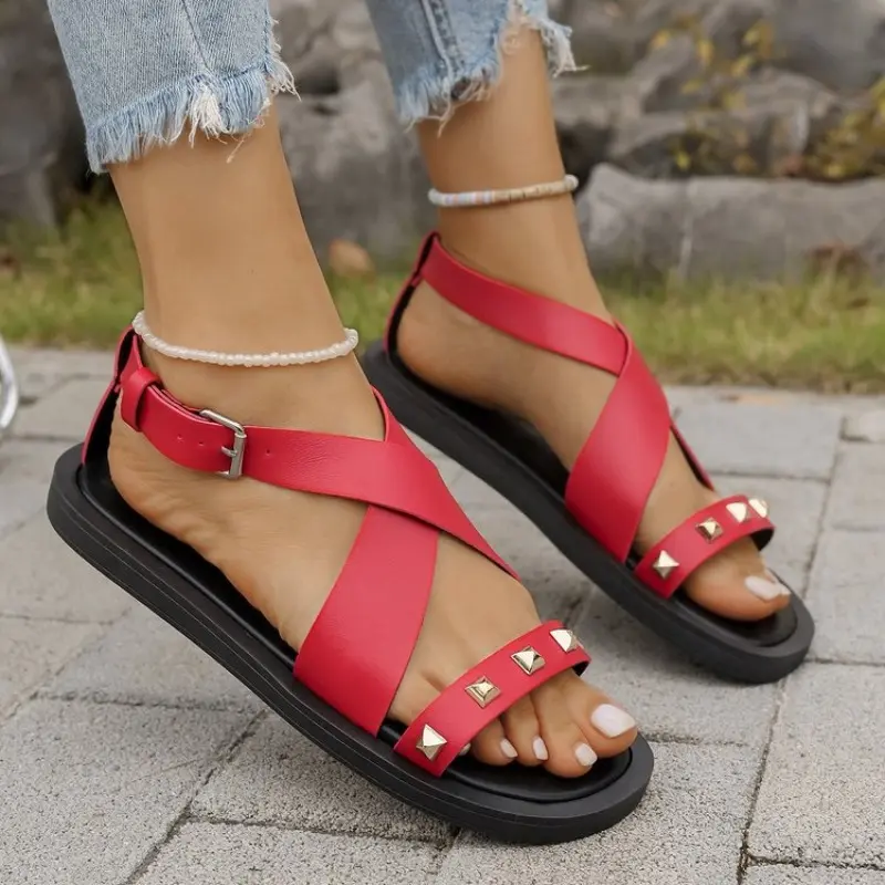 Summer New Sandals Women's Fashion Round Head Open Toe Rivets Metal Buckle Soft Sole Non-slip Flat Shoes