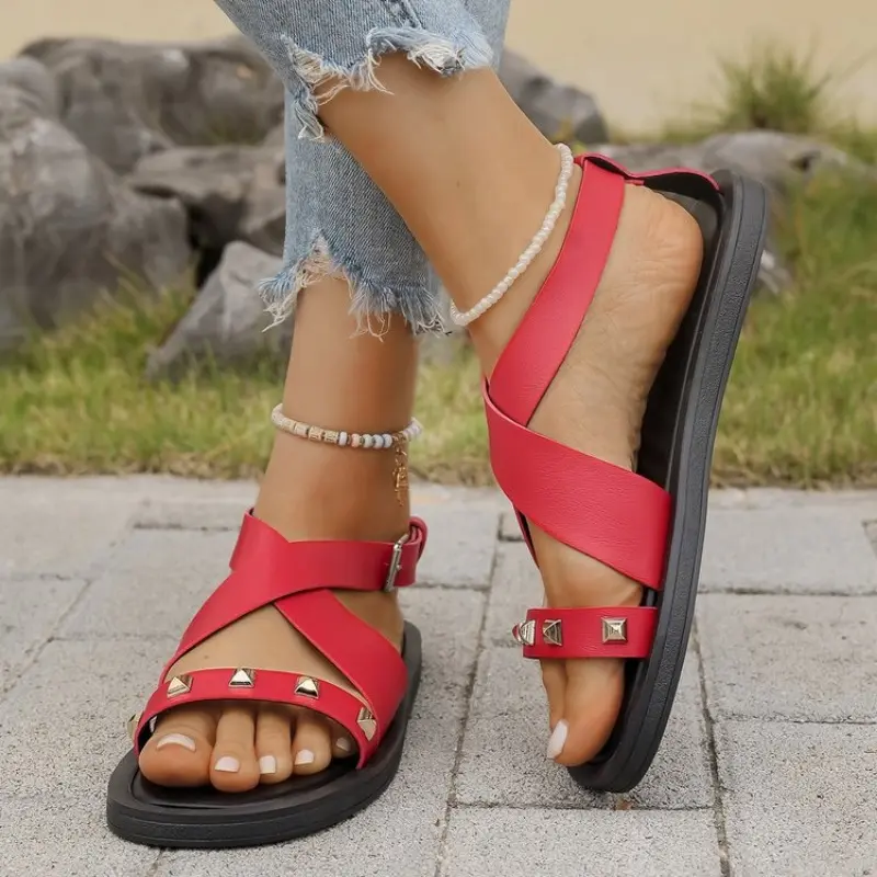 Summer New Sandals Women's Fashion Round Head Open Toe Rivets Metal Buckle Soft Sole Non-slip Flat Shoes